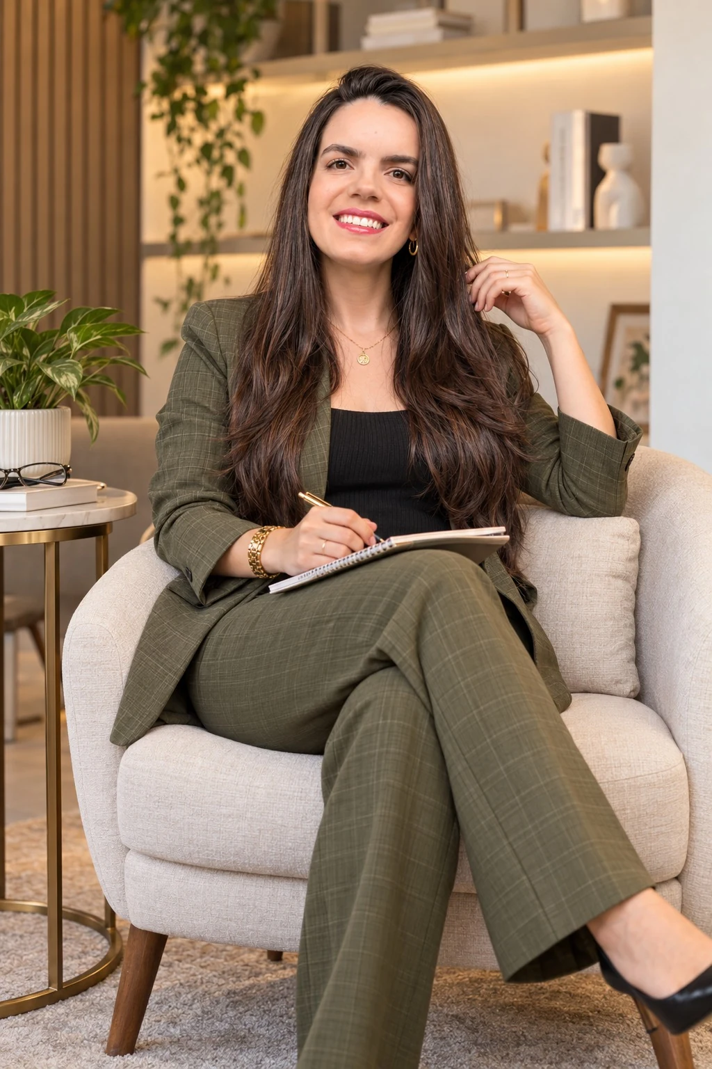Marcela sentada em uma poltrona em ambiente acolhedor